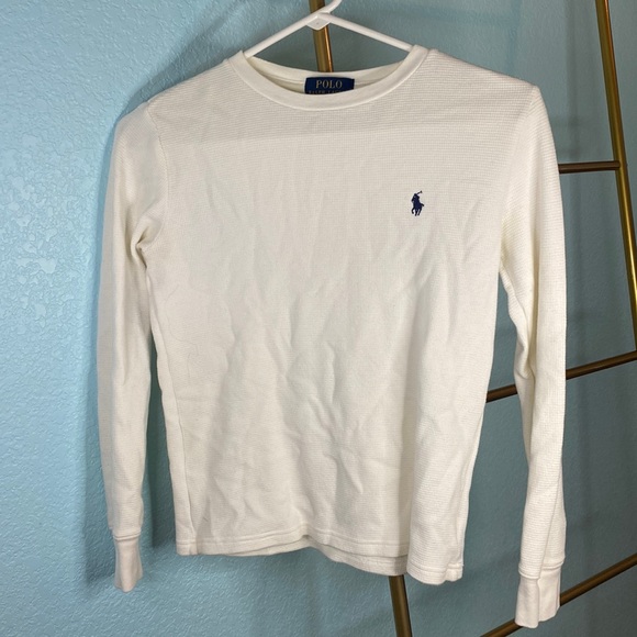 Ralph Lauren ribbed long sleeve crew neck shirt. Size M. White/ Blue logo - Picture 1 of 2